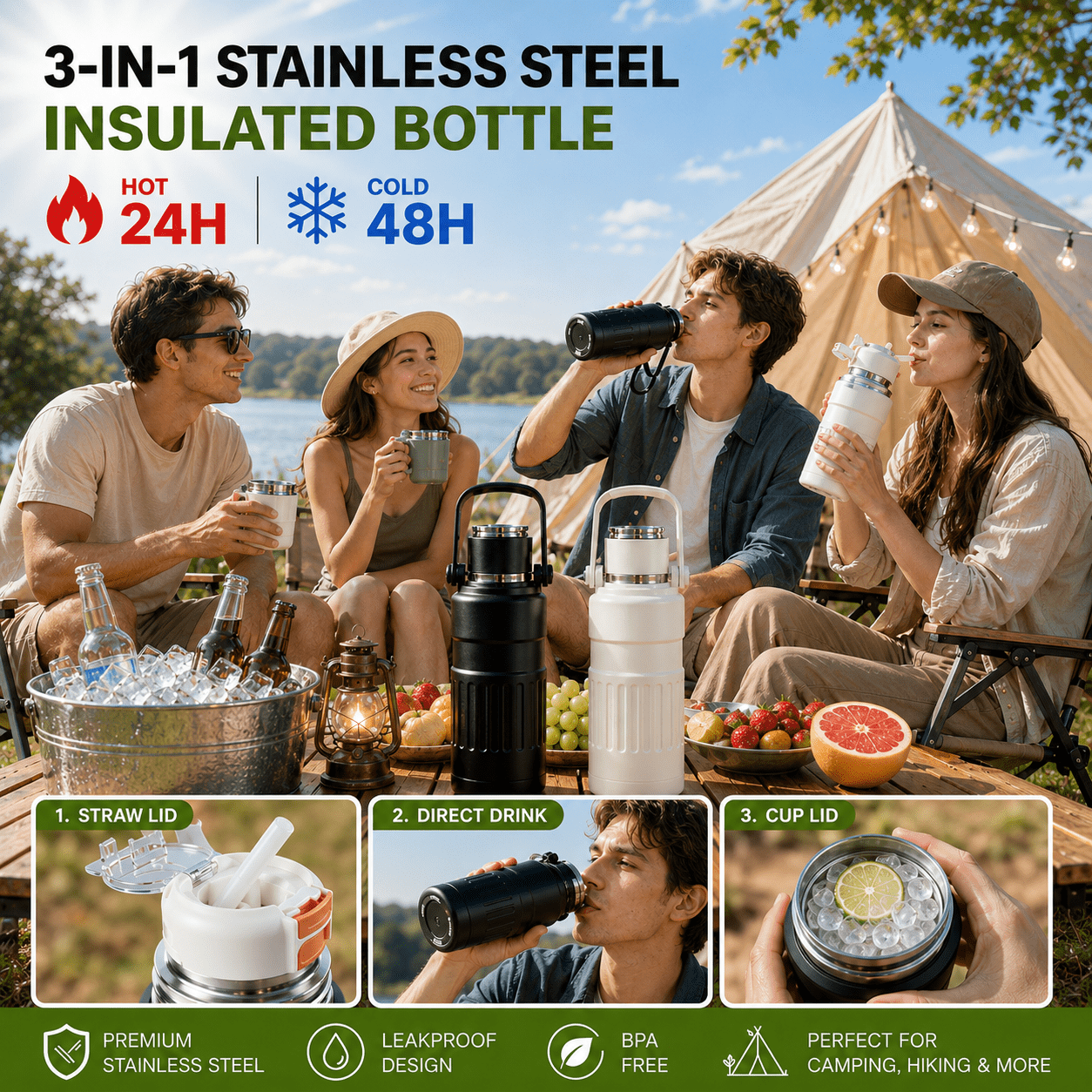 3-in-1 Insulated Water Bottle, 34oz Leakproof Stainless Steel Thermos with Straw & Spout Lid, 316 Stainless Steel Interior(Beige), Handle & Adjustable Strap for Work, Gym, Travel & Hot or Cold Drinks
